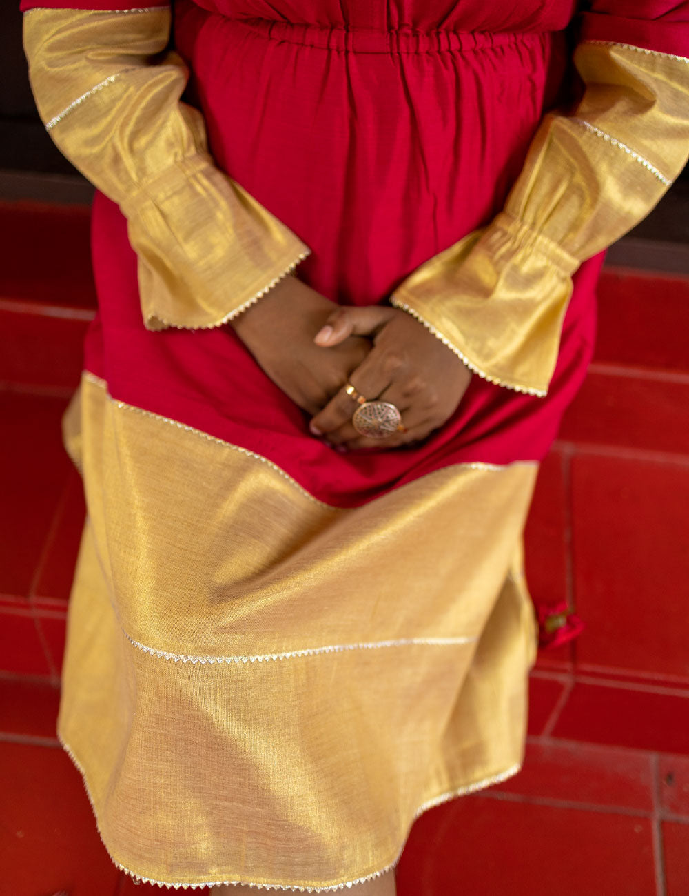 The Chendumalli – Ruby Pink Frock with Golden Embellishments