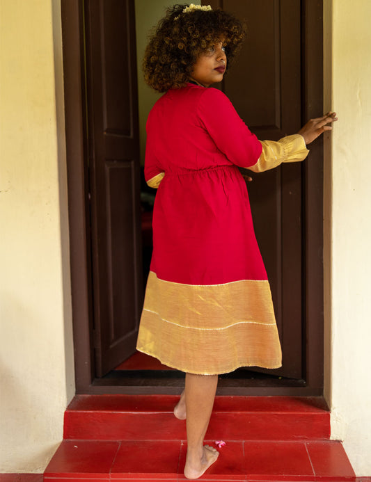 The Chendumalli – Ruby Pink Frock with Golden Embellishments