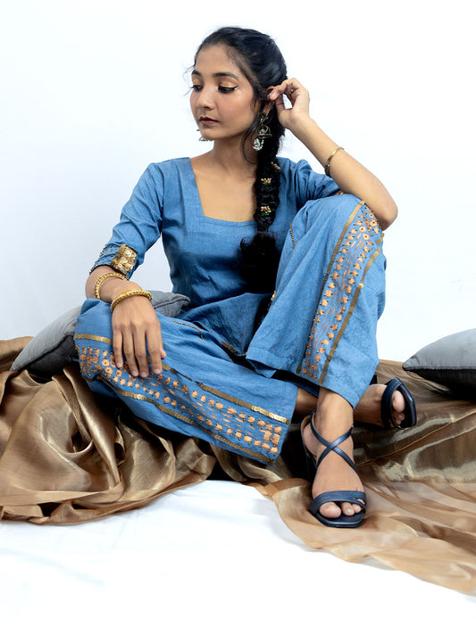 Patola – Metallic Carolina Blue Silk Churidar Set