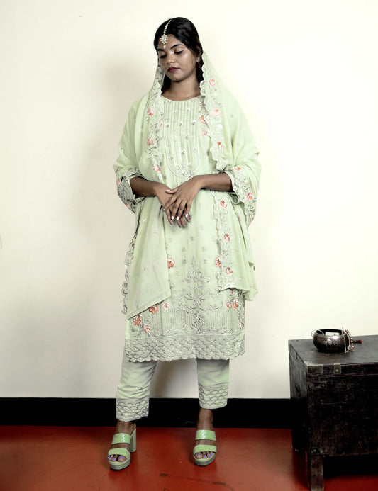Mumtaaz – Pastel Tea Green Georgette Churidar Set