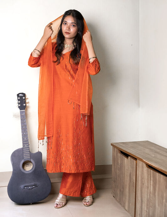 Noor – Smashed Pumpkin-Dupion Silk Churidar Set